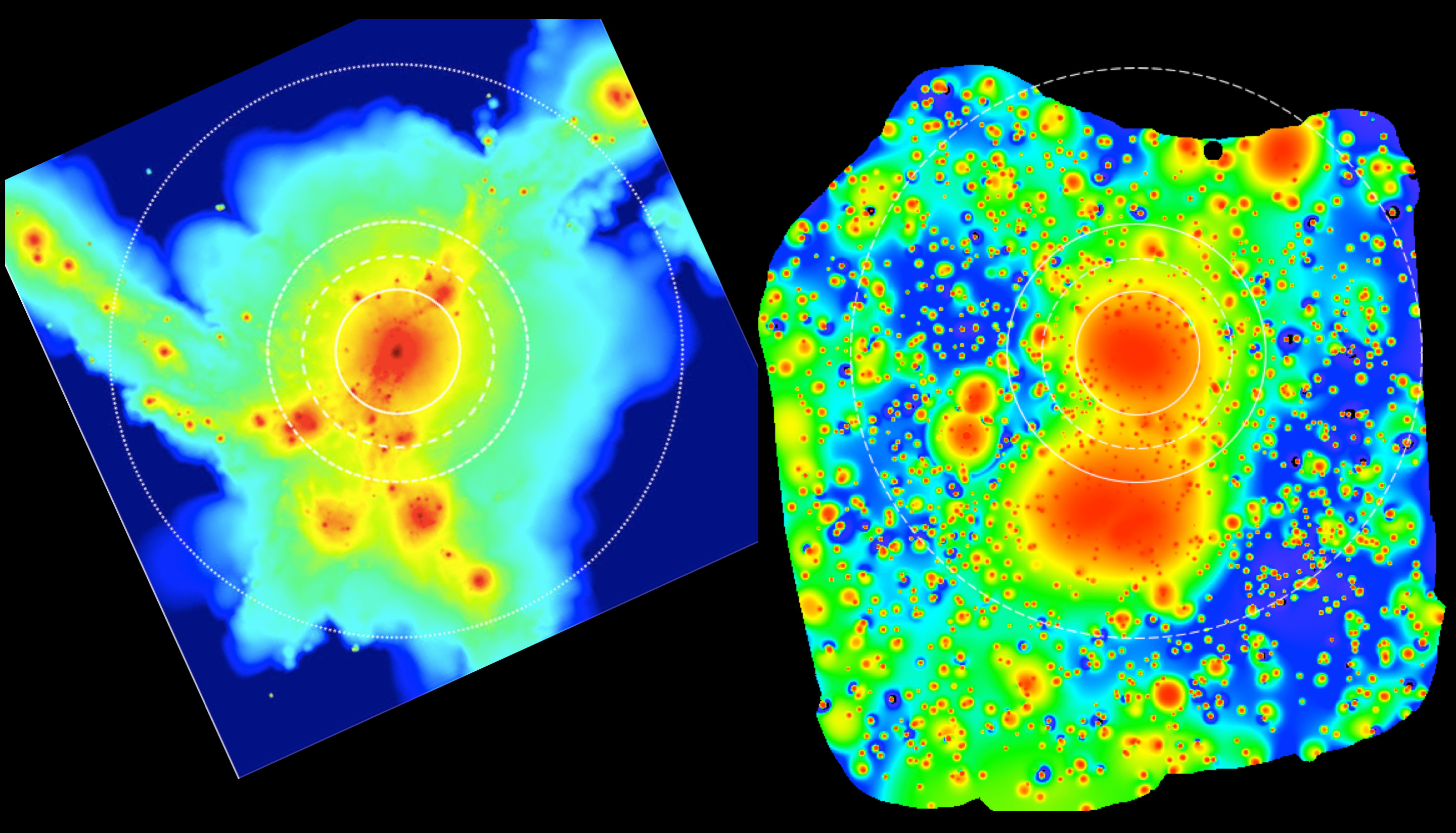 In dieser Darstellung der eROSITA-Aufnahme sind auch die sehr leuchtschwachen Gebiete aus dünnem Gas sichtbar, zum Vergleich links wieder eine Simulation